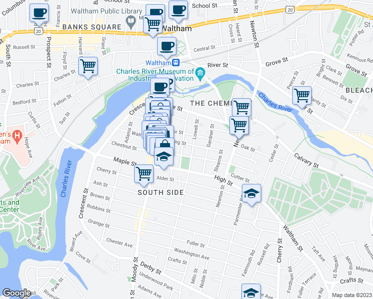 map of restaurants, bars, coffee shops, grocery stores, and more near 49 Hall Street in Waltham