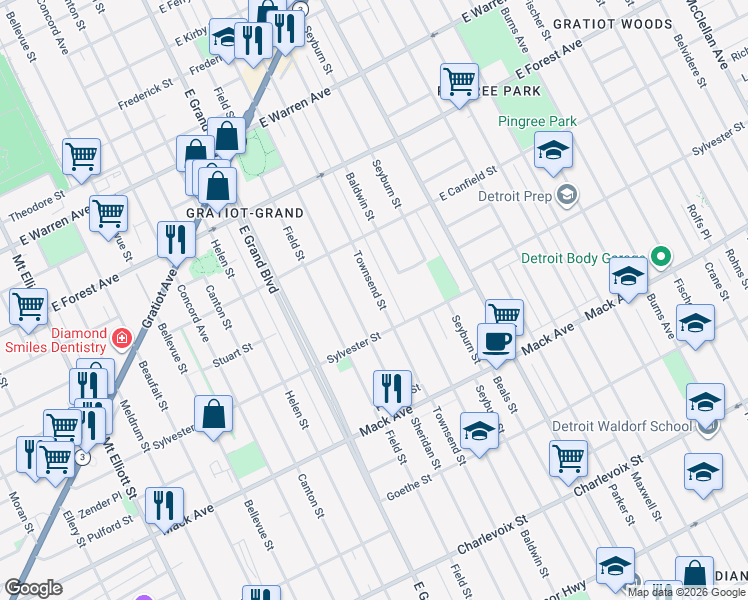 map of restaurants, bars, coffee shops, grocery stores, and more near 3976 Townsend Street in Detroit