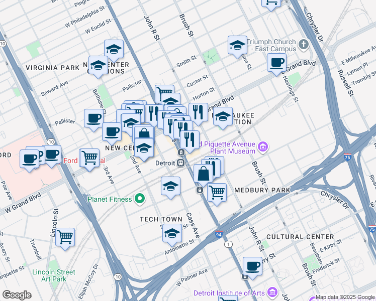 map of restaurants, bars, coffee shops, grocery stores, and more near 6408 Woodward Avenue in Detroit
