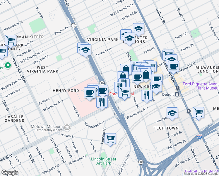 map of restaurants, bars, coffee shops, grocery stores, and more near 890 Lothrop Street in Detroit