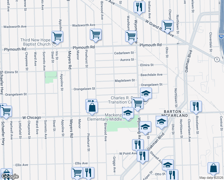 map of restaurants, bars, coffee shops, grocery stores, and more near 10167 Orangelawn Street in Detroit