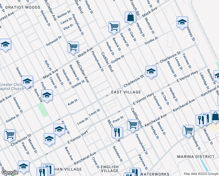 map of restaurants, bars, coffee shops, grocery stores, and more near 2937 Pennsylvania Street in Detroit