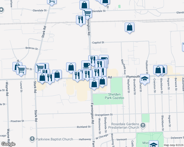 map of restaurants, bars, coffee shops, grocery stores, and more near 33330 Plymouth Road in Livonia