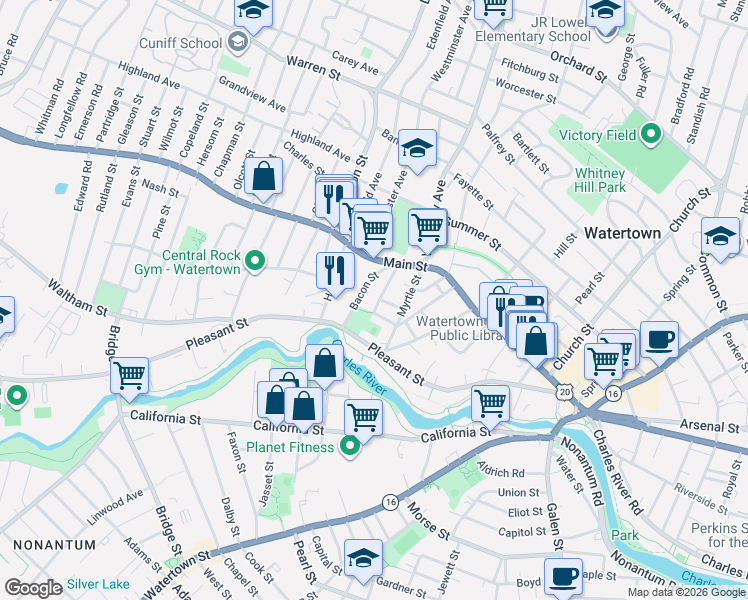 map of restaurants, bars, coffee shops, grocery stores, and more near 39 French Street in Watertown