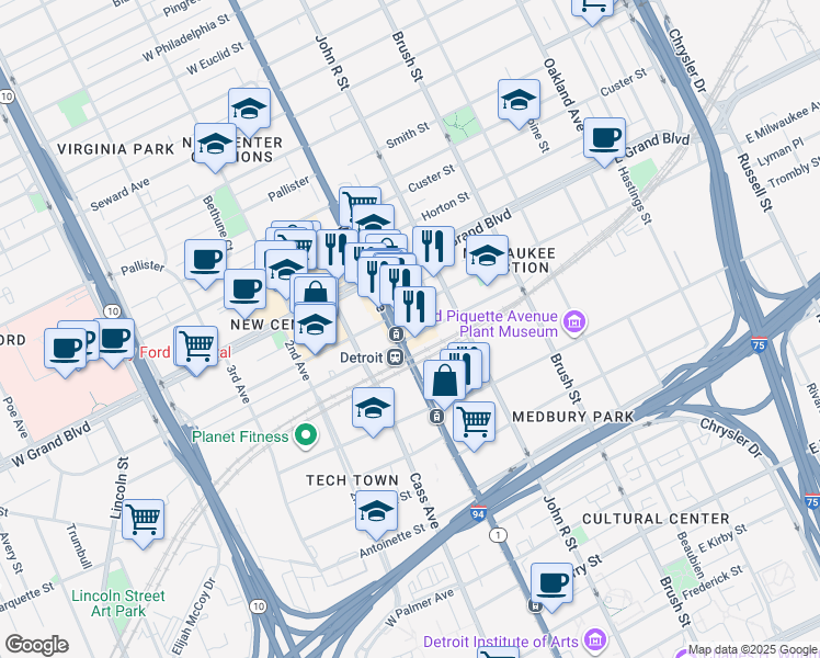 map of restaurants, bars, coffee shops, grocery stores, and more near 6408 Woodward Avenue in Detroit