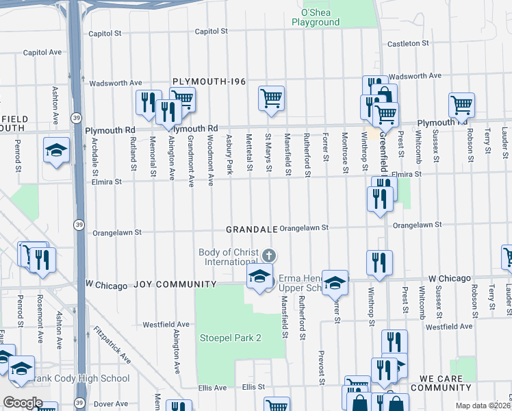 map of restaurants, bars, coffee shops, grocery stores, and more near 9989 Saint Marys Street in Detroit