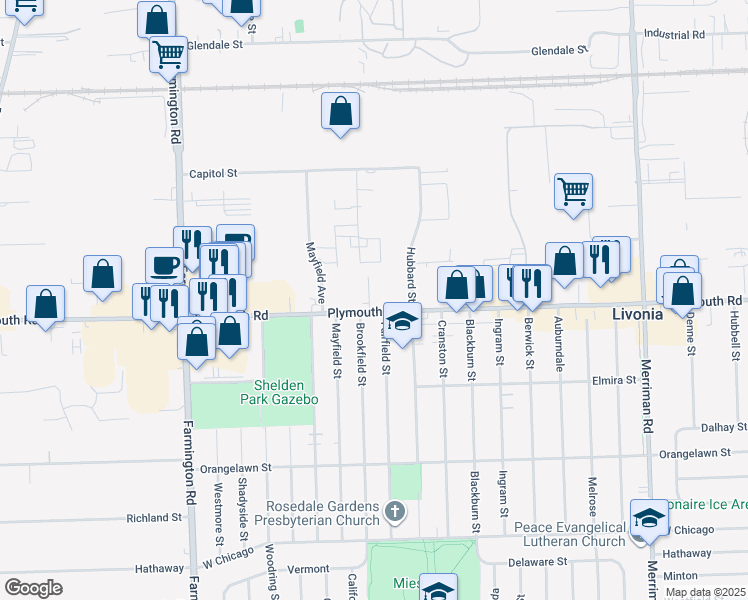 map of restaurants, bars, coffee shops, grocery stores, and more near 32510 Plymouth Road in Livonia