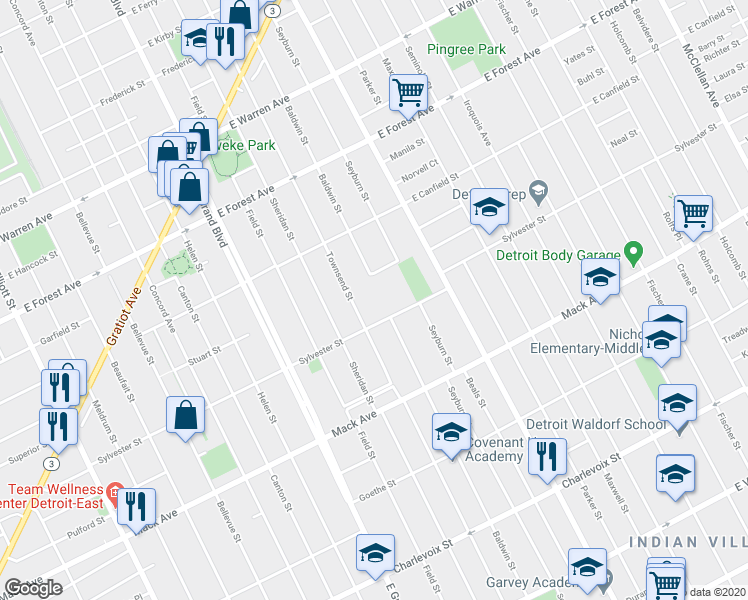 map of restaurants, bars, coffee shops, grocery stores, and more near 8020 Sylvester Street in Detroit