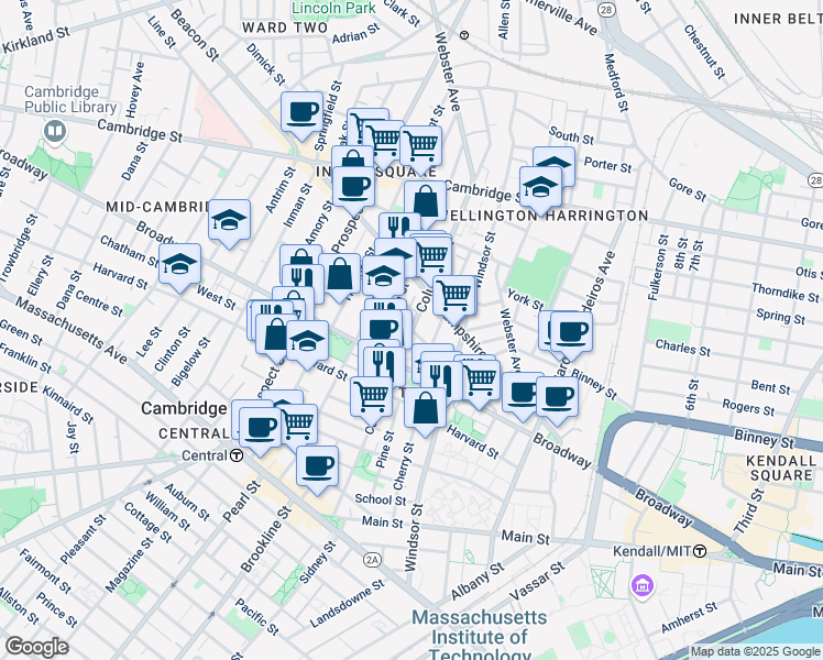 map of restaurants, bars, coffee shops, grocery stores, and more near Columbia St & Market St in Cambridge