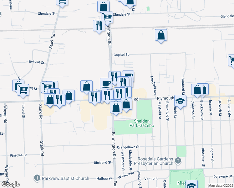 map of restaurants, bars, coffee shops, grocery stores, and more near 33330 Plymouth Road in Livonia