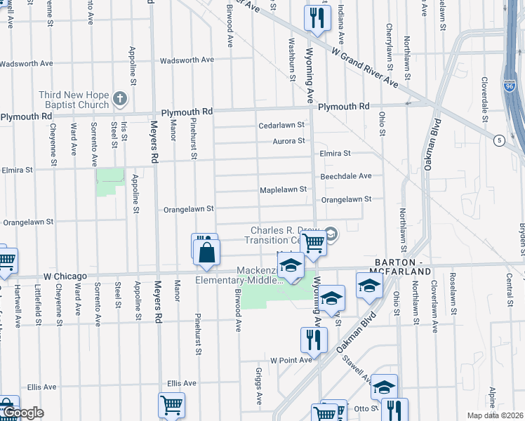 map of restaurants, bars, coffee shops, grocery stores, and more near 10167 Orangelawn Street in Detroit