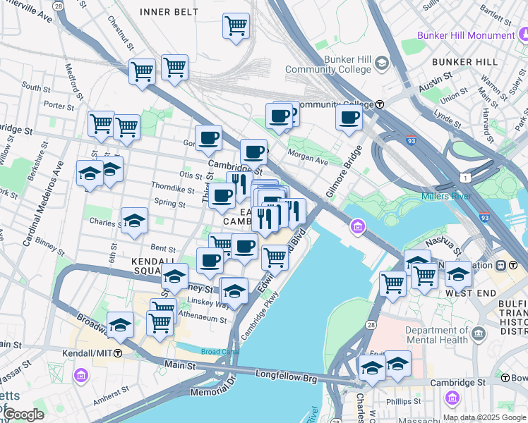 map of restaurants, bars, coffee shops, grocery stores, and more near 60-68 First Street in Cambridge