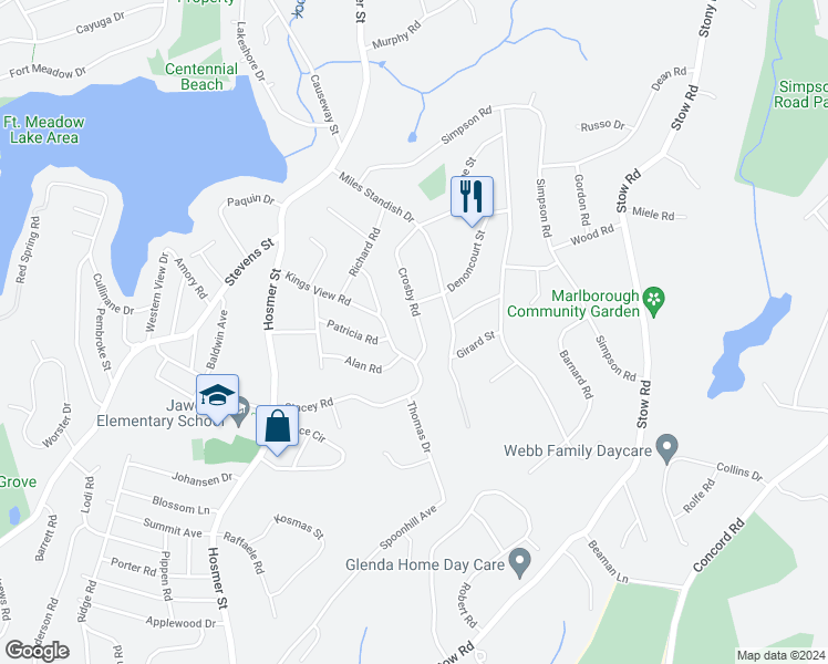 map of restaurants, bars, coffee shops, grocery stores, and more near 95 Crosby Road in Marlborough