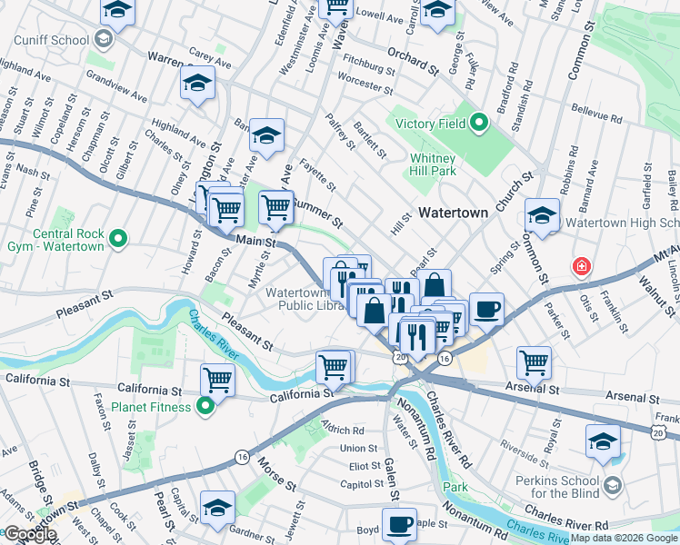 map of restaurants, bars, coffee shops, grocery stores, and more near 24 Whites Avenue in Watertown