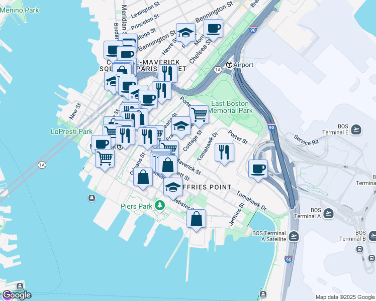 map of restaurants, bars, coffee shops, grocery stores, and more near 131 Cottage Street in Boston