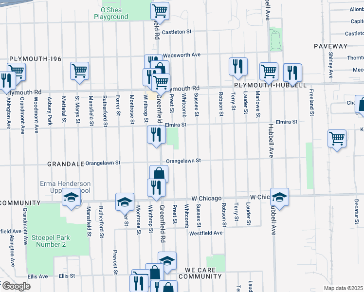 map of restaurants, bars, coffee shops, grocery stores, and more near 9965 Whitcomb in Detroit