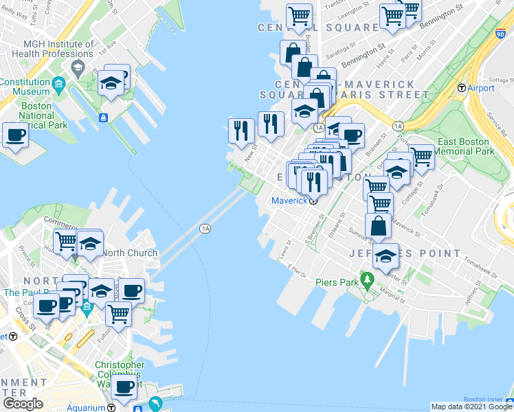 map of restaurants, bars, coffee shops, grocery stores, and more near 113 Sumner Street in Boston
