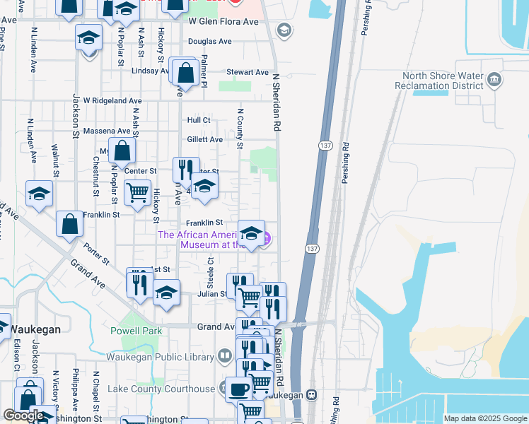 map of restaurants, bars, coffee shops, grocery stores, and more near 611 North Genesee Street in Waukegan
