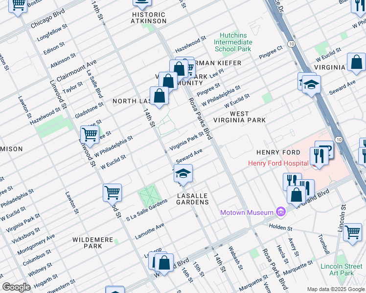map of restaurants, bars, coffee shops, grocery stores, and more near 2021 Virginia Park Street in Detroit