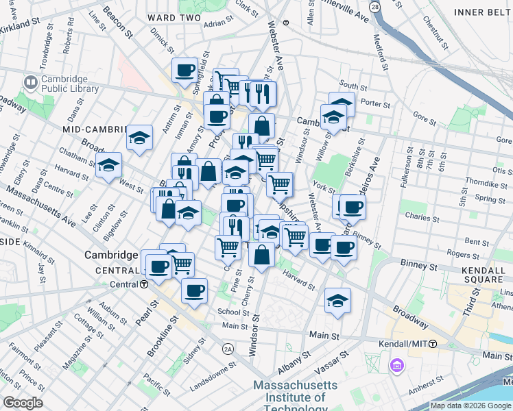 map of restaurants, bars, coffee shops, grocery stores, and more near 235 Columbia Street in Cambridge