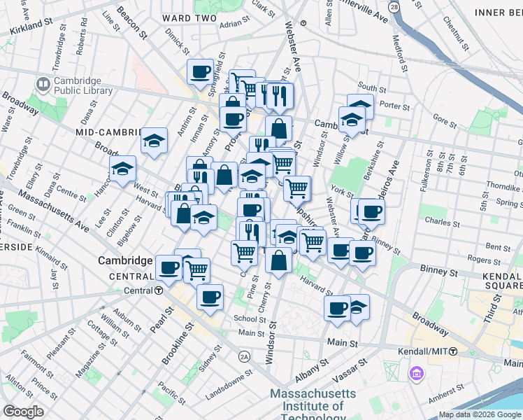 map of restaurants, bars, coffee shops, grocery stores, and more near 235 Columbia Street in Cambridge