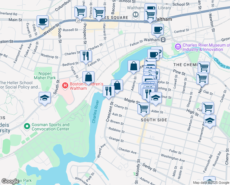 map of restaurants, bars, coffee shops, grocery stores, and more near 151 Crescent Street in Waltham