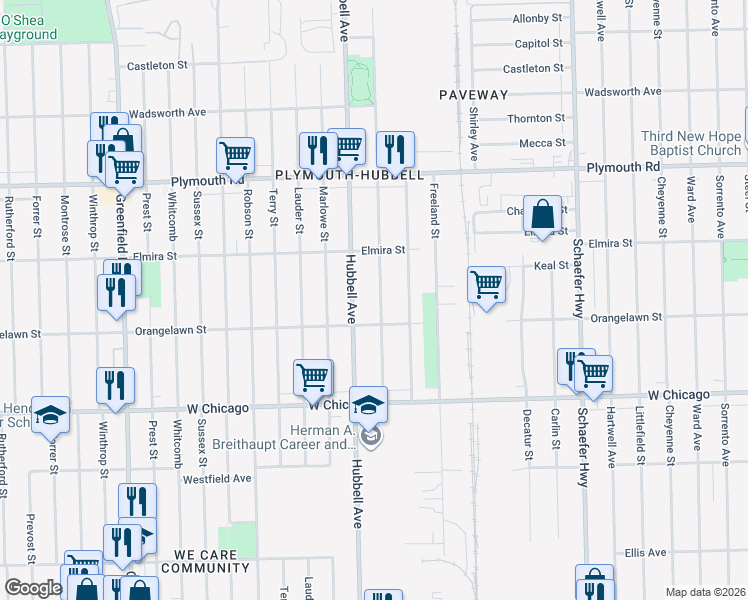 map of restaurants, bars, coffee shops, grocery stores, and more near 9951 Strathmoor Street in Detroit