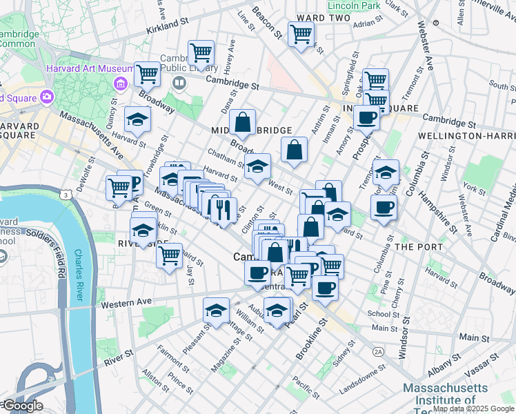 map of restaurants, bars, coffee shops, grocery stores, and more near 21 Clinton Street in Cambridge