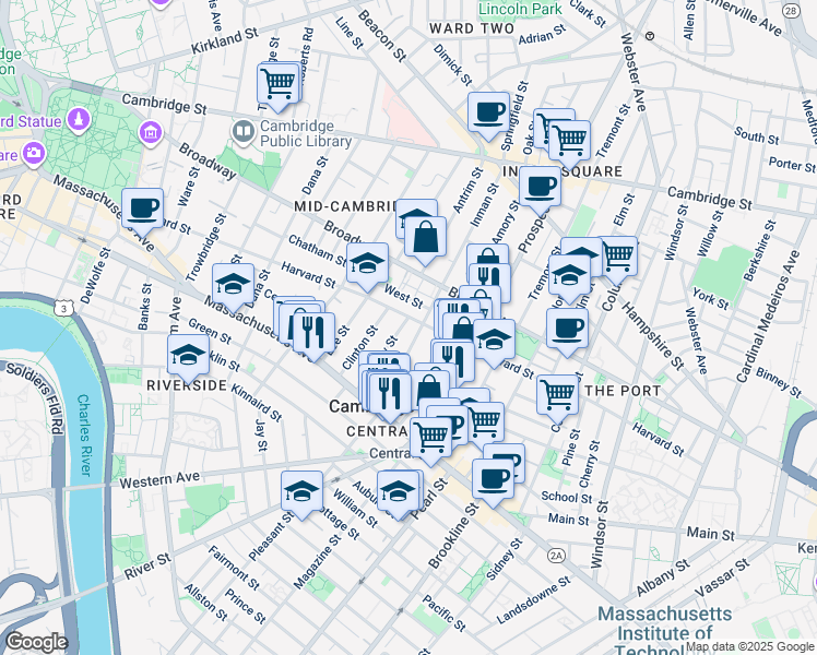 map of restaurants, bars, coffee shops, grocery stores, and more near 17 Bigelow Street in Cambridge