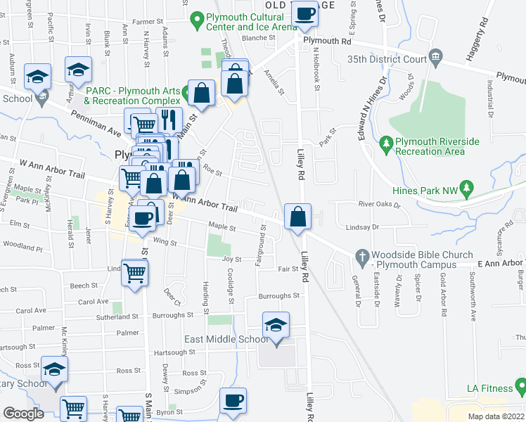 map of restaurants, bars, coffee shops, grocery stores, and more near 304 West Ann Arbor Trail in Plymouth
