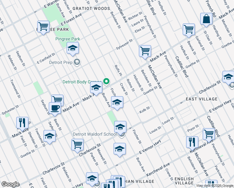 map of restaurants, bars, coffee shops, grocery stores, and more near 3480 Fischer Street in Detroit