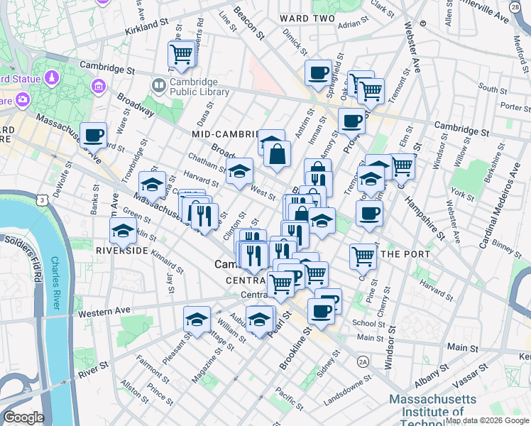 map of restaurants, bars, coffee shops, grocery stores, and more near 280 Harvard Street in Cambridge