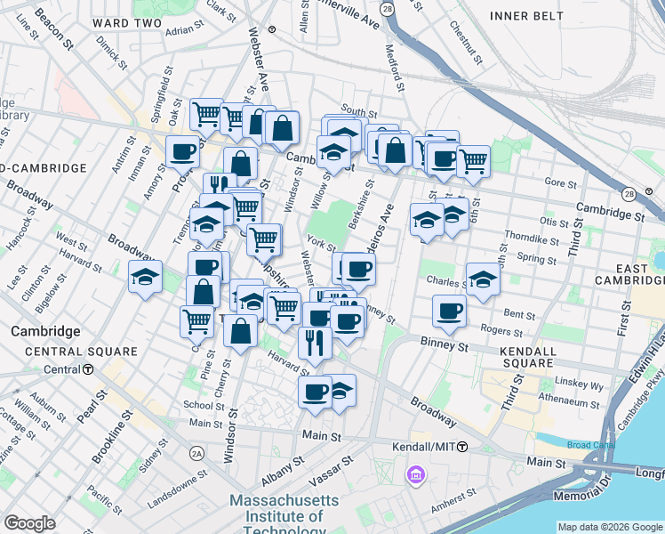 map of restaurants, bars, coffee shops, grocery stores, and more near 44 Plymouth Street in Cambridge