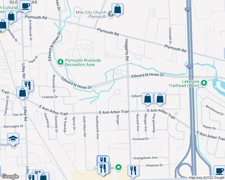 map of restaurants, bars, coffee shops, grocery stores, and more near 11739 Sycamore Road in Plymouth