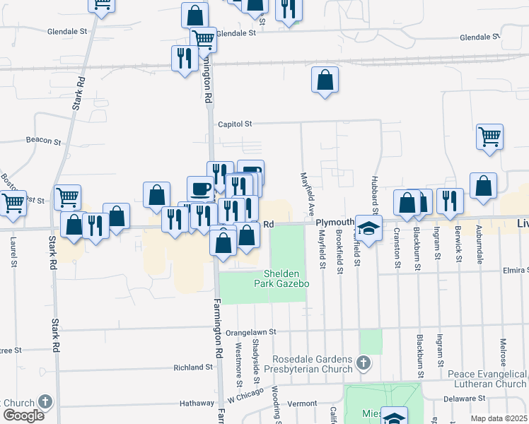 map of restaurants, bars, coffee shops, grocery stores, and more near 33246 Plymouth Road in Livonia