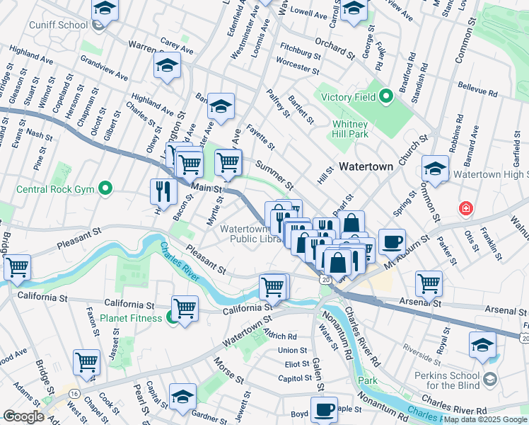 map of restaurants, bars, coffee shops, grocery stores, and more near 24 Whites Avenue in Watertown