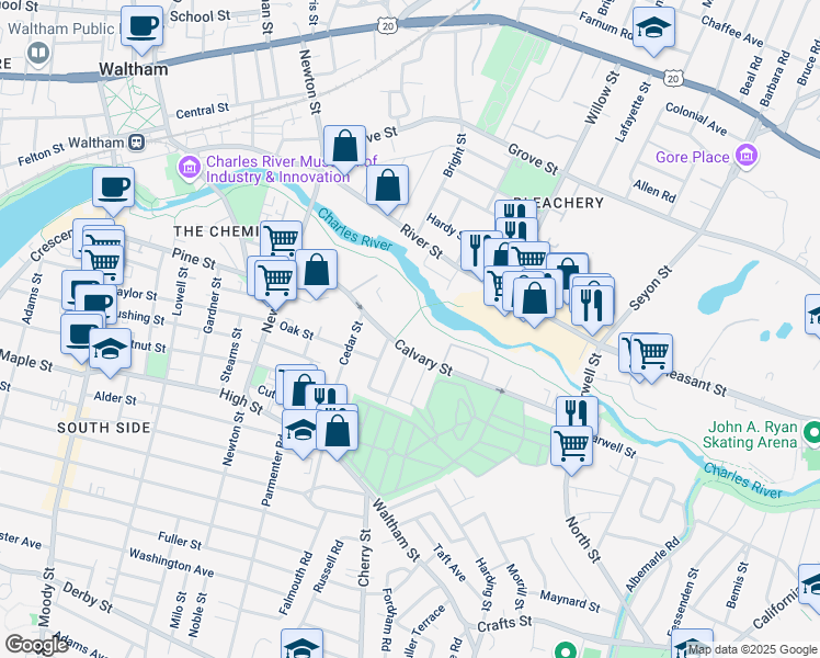 map of restaurants, bars, coffee shops, grocery stores, and more near 118 Calvary Street in Waltham