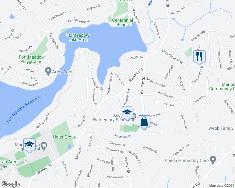map of restaurants, bars, coffee shops, grocery stores, and more near 712 Stevens Street in Marlborough