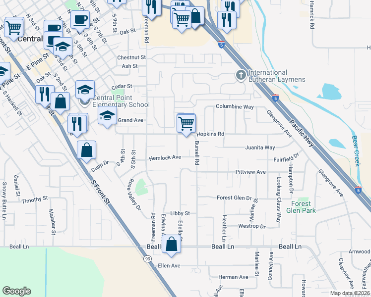 map of restaurants, bars, coffee shops, grocery stores, and more near 746 Hemlock Court in Central Point