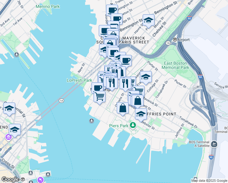 map of restaurants, bars, coffee shops, grocery stores, and more near 17 South Bremen Street in Boston