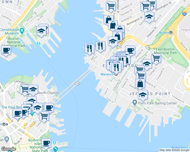 map of restaurants, bars, coffee shops, grocery stores, and more near 113 Sumner Street in Boston