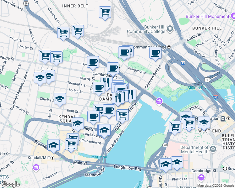 map of restaurants, bars, coffee shops, grocery stores, and more near 32 First Street in Cambridge