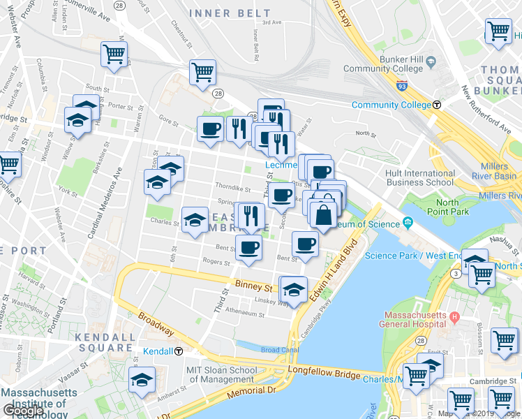 map of restaurants, bars, coffee shops, grocery stores, and more near 54 Spring Street in Cambridge