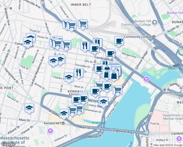 map of restaurants, bars, coffee shops, grocery stores, and more near 54 Spring Street in Cambridge