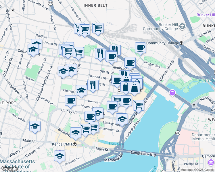map of restaurants, bars, coffee shops, grocery stores, and more near 54 Spring Street in Cambridge