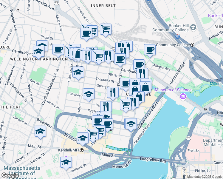 map of restaurants, bars, coffee shops, grocery stores, and more near 100 Sciarappa Street in Cambridge