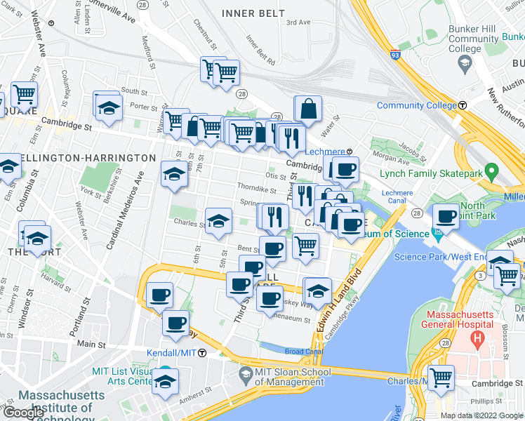 map of restaurants, bars, coffee shops, grocery stores, and more near 100 Sciarappa Street in Cambridge