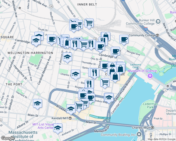 map of restaurants, bars, coffee shops, grocery stores, and more near 100 Sciarappa Street in Cambridge