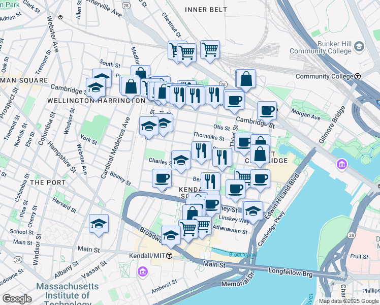 map of restaurants, bars, coffee shops, grocery stores, and more near 123 Spring Street in Cambridge