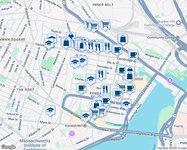 map of restaurants, bars, coffee shops, grocery stores, and more near 123 Spring Street in Cambridge